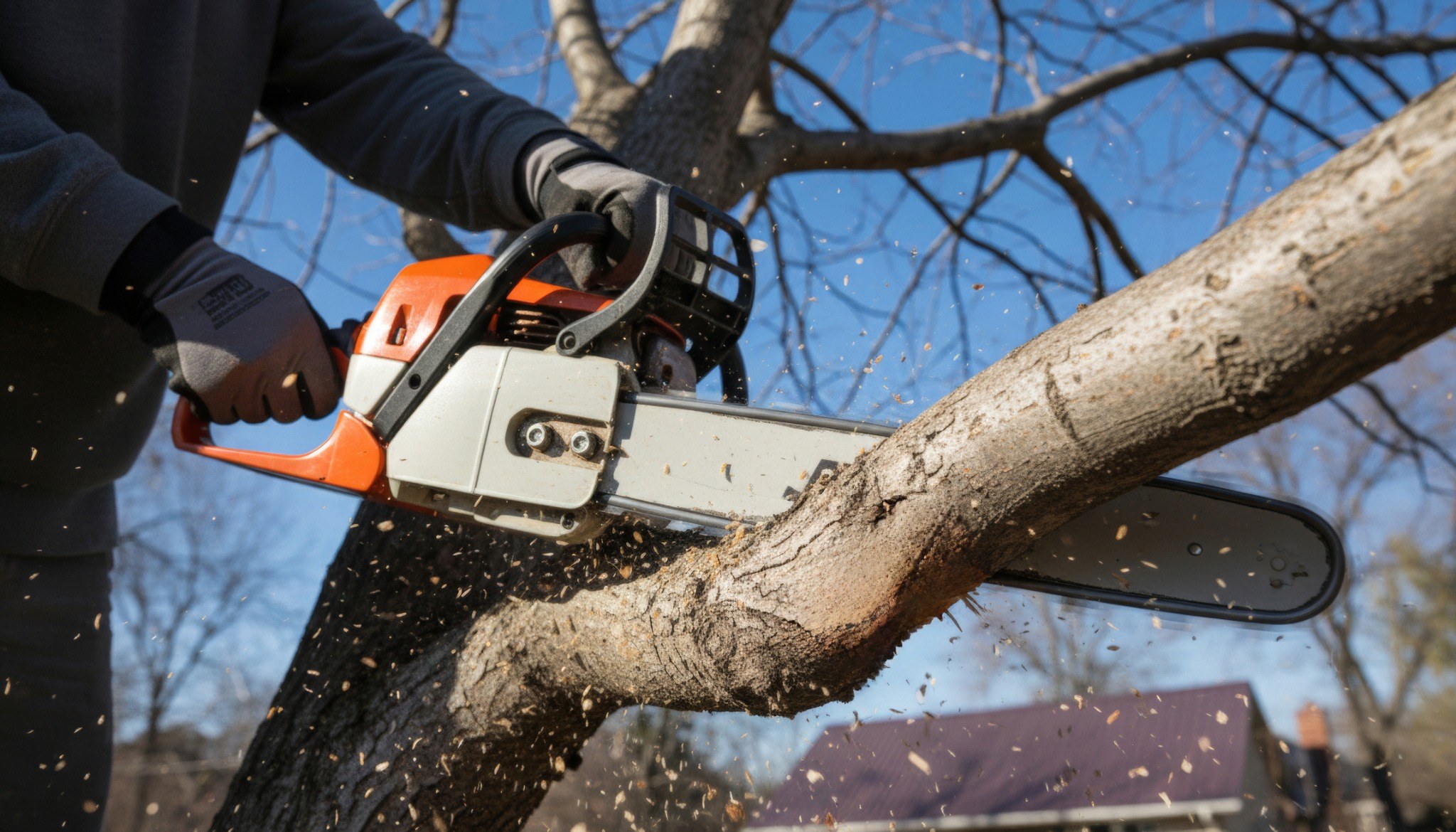 Person using chainsaw to cut tree branch with wood chips flying